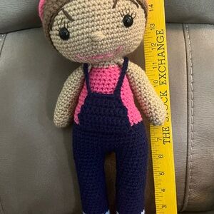 Handmade Crochet Miss Rachel Doll  in Pink Top & Navy Overalls